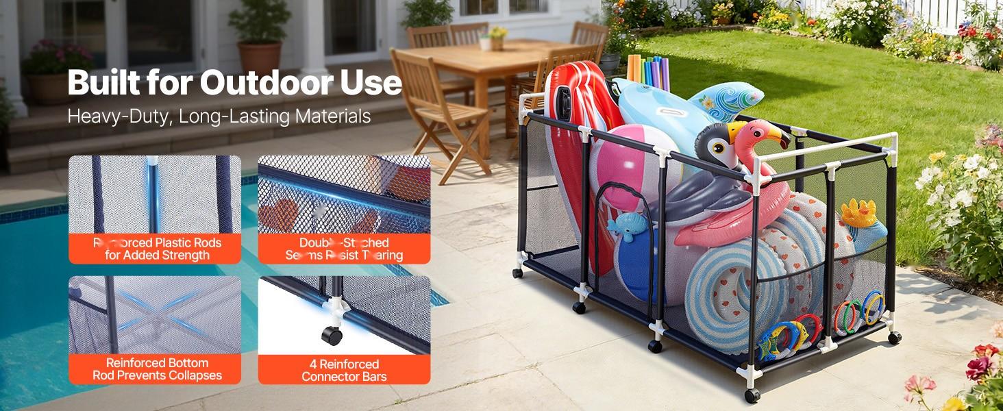 Pool Storage Bin And Rolling Organizer For Pools, 62.6 X 32 X 36 Inches, Durable Plastic Frame With Side Pockets, Casters, Mesh Basket For Pool Toys, Noodles, Floats, And Accessories