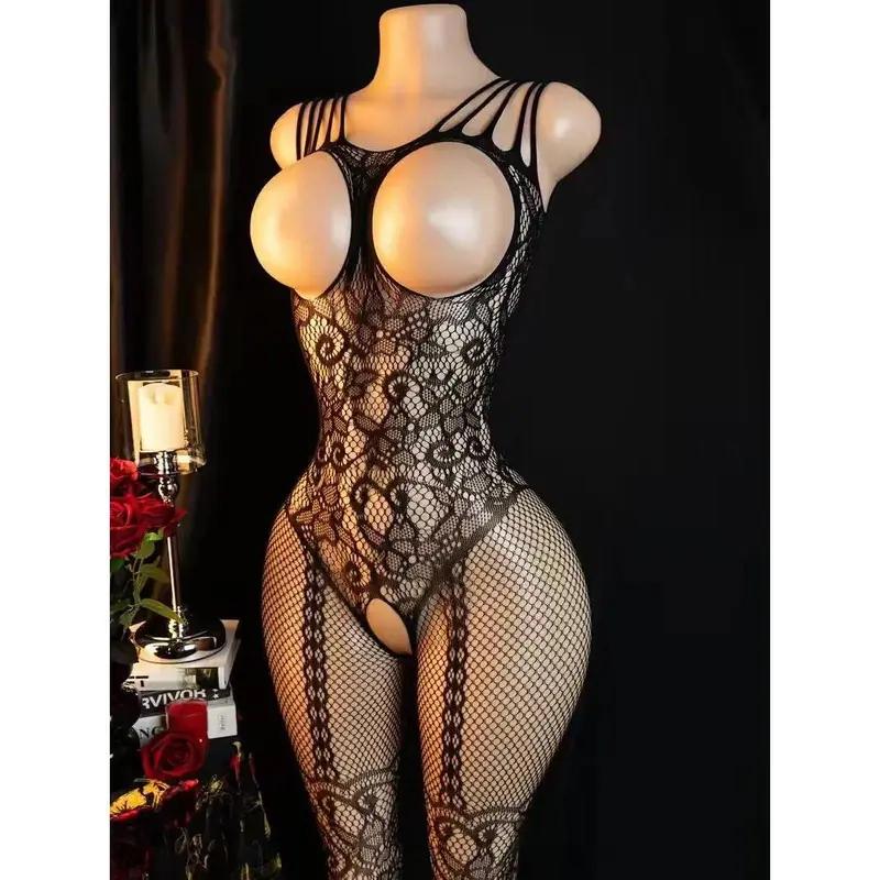 Women’s Floral Lace Mesh Corset Intimate Set, Round Neck Back Cutout Sheer Bodysuit With Fishnet Garter Hosiery, Soft Romantic Nightwear For Boudoir Styling, Valentine, Honeymoon And Special Occasions case stainless steel