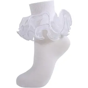 Women Big Ruffle Ankle Socks Adult Fluffy 4-Layer Lace Frilly Fold Cuff Cotton Fancy Ruffled Dress Bobby Socks
