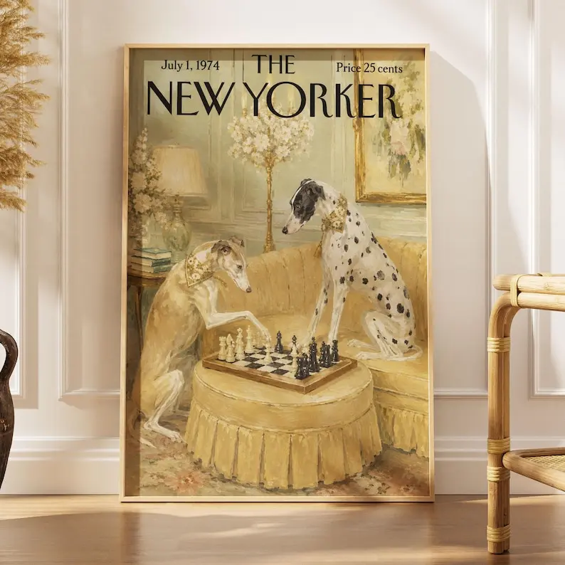 Vintage New Yorker Dogs Playing Chess Poster, Whippet Art