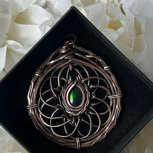 Ethiopian Opal Mandala Design Pendant Made with Raw Copper Unique Wire-Wrapped Jewelry Piece