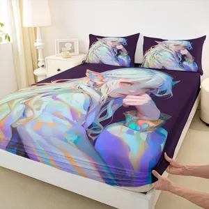 Anime Girl Bed Sheets 3D Japanese Bedding Set,Kawaii Girly Fitted Sheet with Deep Pocket,Anime Lovers Gifts Fitted Bed Sheets Soft Lightweight Sheets for All Season