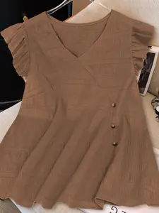 Plus Size V Neck Cross Wrap Short Sleeve Side Button Textured A-Line Top, Slimming Casual Commuter Wear for Daily