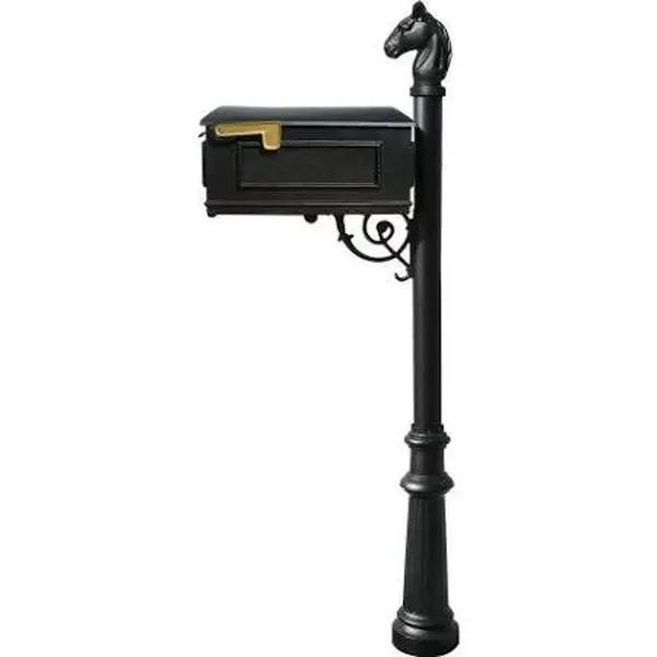 Traditional Outdoor Post Mailbox for Residential Users - Black, Fluted Base, Horse Finial Mailbox System