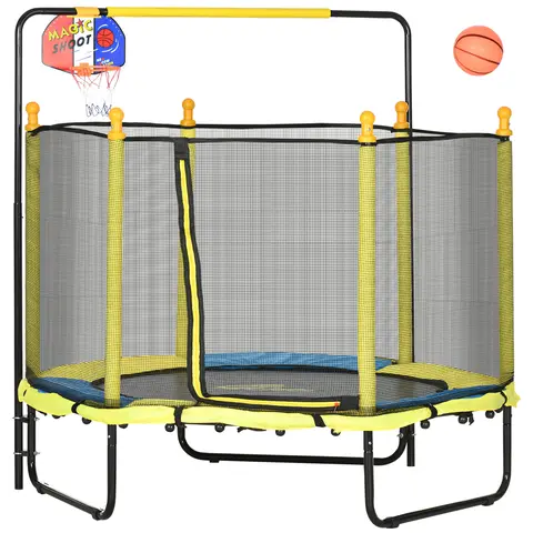 Outsunny Classic Unisex 3-Kid Sports Trampoline, 3-in-1 Child-Friendly Mini Toddler Gear with Polypropylene Safety Enclosure Net, Easy Access, 110 lbs Capacity, 15" Floor Clearance, Portable Indoor-Outdoor Back-to-School Gift