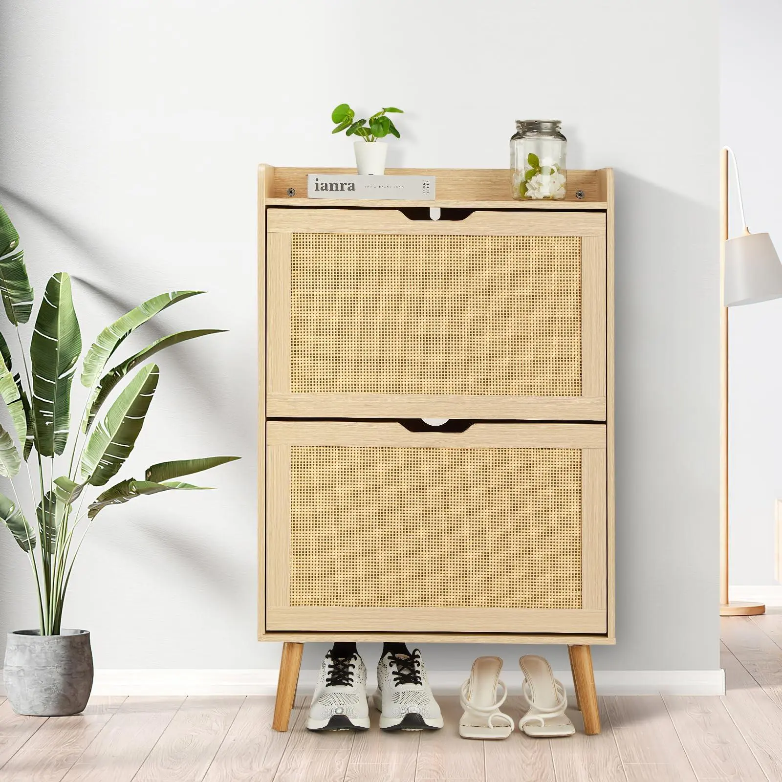 Space Saving Flip Top Shoe Cabinet Rattan Design with 2 Flip Doors and Drawers Holds 12-15 Pairs Ideal for Hallway Entryway Storage Cabinet Compact Design for Small Spaces