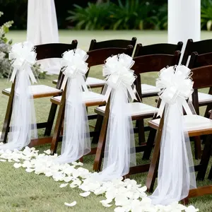 4Pcs Bow Chair Sashes White Purple Yarn Decor Set, Soft Mesh Bow Ornament, Ideal For Wedding Banquet Backdrop, Outdoor Party Festival Decoration, Easy Install Elegant Party Supplies