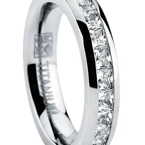 Women's 3mm Highly Polished Princess Cut Titanium Eternity Ring - Channel-Set Artificial Zircon, Hypoallergenic Elegant Glittering, Casual Wear Jewelry (Sizes 4-11, Complimentary Gift Box)