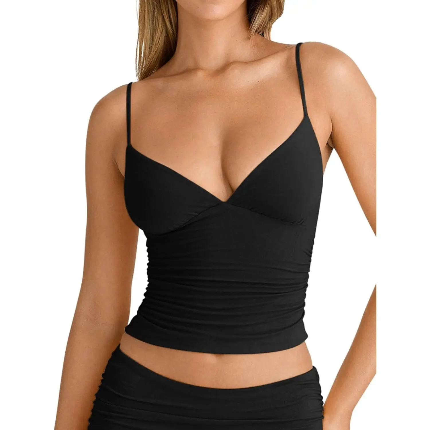 Women's Sexy V Neck Ruched Cami Top Sleeveless Spaghetti Double Layer Fitted Crop Tank Tops