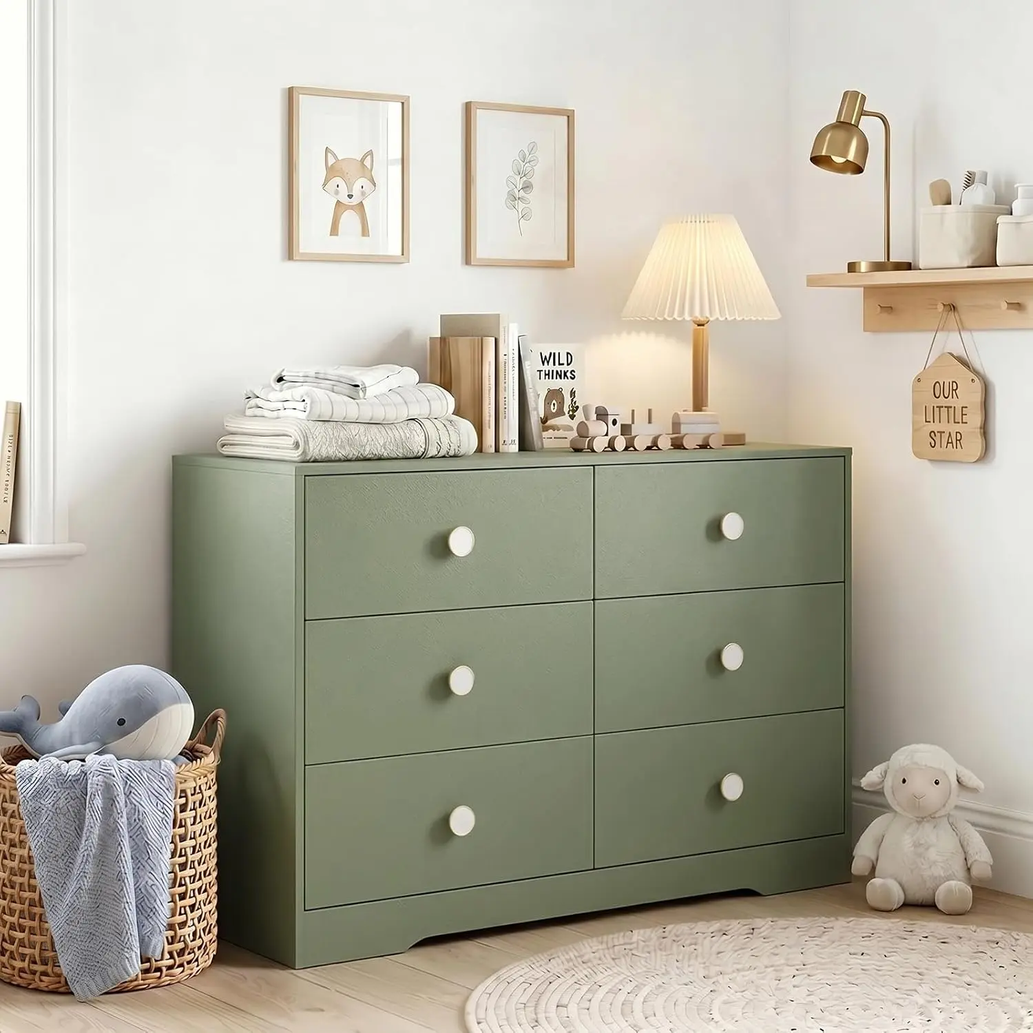 6 Drawer Dresser for Kid Bedroom, Wood Dresser with Sturdy Base, Large Baby Dresser for Nursery, Modern Closet Dresser for Clothes, Green