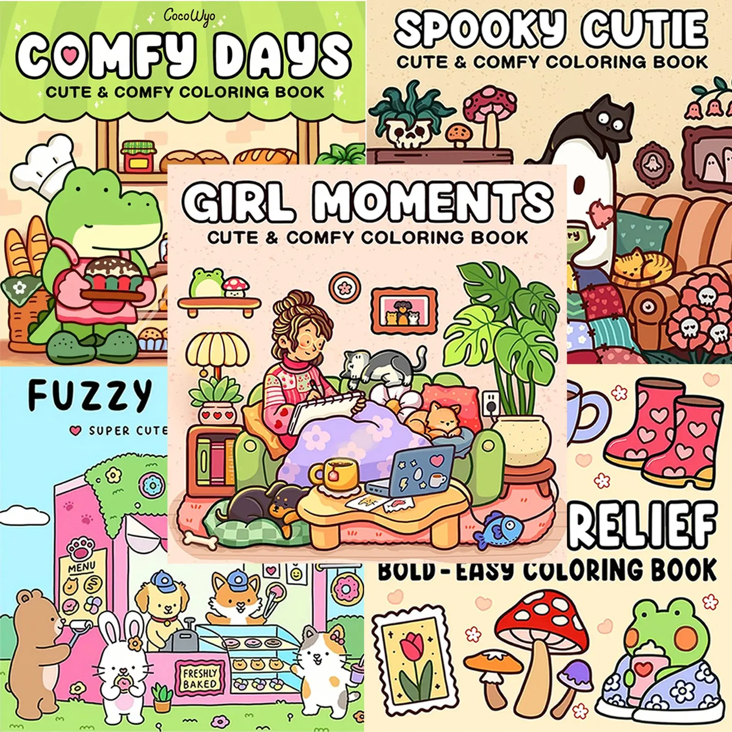 5-Piece GIRL MOMENTS|FUZZY FRIENDS|STRESS RELIEF|SPOOKY CUTIE|COMFY DAYS| Adorable Coloring Book Crafts Creative Expression for Adults and Teens Including Adorable Illustrations