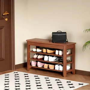 100% Solid Rubberwood Shoe Bench with Hidden Flip-Top Storage, Adjustable 3-Tier Shelves, 550 Lbs Heavy Duty Load Capacity, Soft Close Hinge, Mid-Century Modern Space Saving Shoe Changing Organizer Bench for Entryway, Hallway, Bedroom, Narrow Corner
