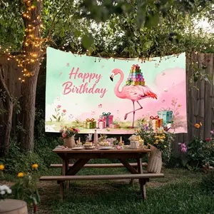 Banner, 1 Pc, Happy Birthday Flamingo Backdrop, Size 43.3x70.8 in & 59x82.6 in, Polyester Fabric, Perfect for Birthday Parties, Room and Party Decoration, Outdoor Holiday Decor, 2D Decorative Flag