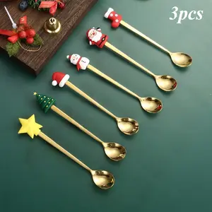 3pcs Christmas-Themed Stainless Steel Spoons with Festive Designs - Ideal for Desserts, Coffee, and Holiday Parties, Perfect for Christmas Decorations and Gifts, Christmas Decorations, Decorative Kitchenware, Serving Spoons, Fine Scale Serving Toolware