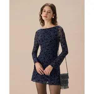 Women's Blue See-through Long Sleeve Mini Dress