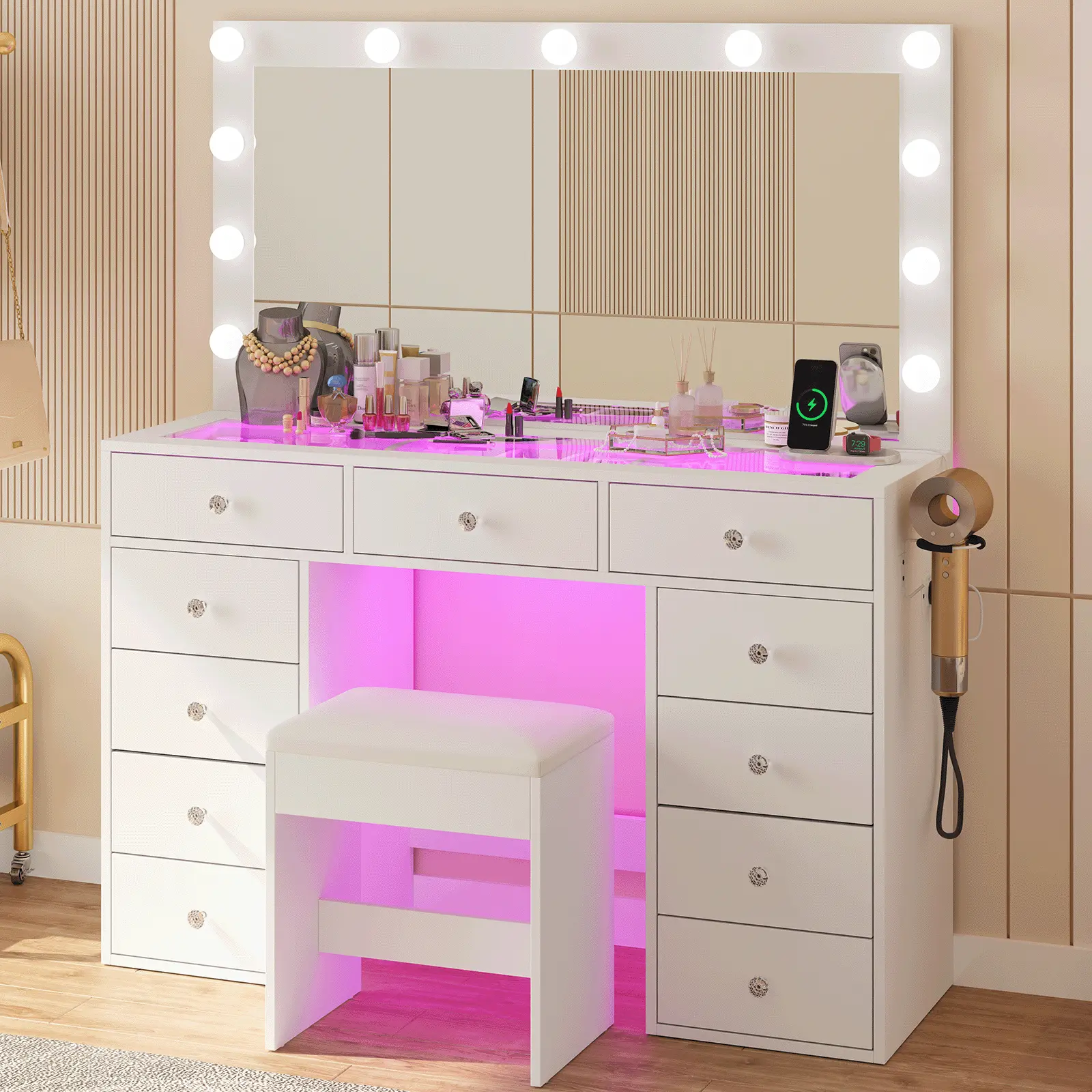 Vanity Desk Makeup Station with Tempered Glass Top Power Outlet 11 Drawers 3 RGB Illuminated Storage 12 LED Lights Dressing Table Bedroom Furniture Vanity Set with Chair Modern Vanity Table for Cosmetics Organization summerwins,summerwins