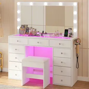 Vanity Desk Makeup Station with Tempered Glass Top Power Outlet 11 Drawers 3 RGB Illuminated Storage 12 LED Lights Dressing Table Bedroom Furniture Vanity Set with Chair Modern Vanity Table for Cosmetics Organization summervibes