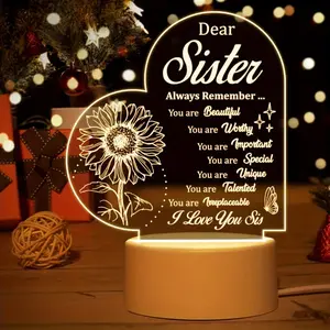 Acrylic LED Night Light, 1pc Sunflower Heart Engraved Decor Lamp, Festive & Home Supplies Gift for Sister-In-Law (Birthday/Christmas Occasions)