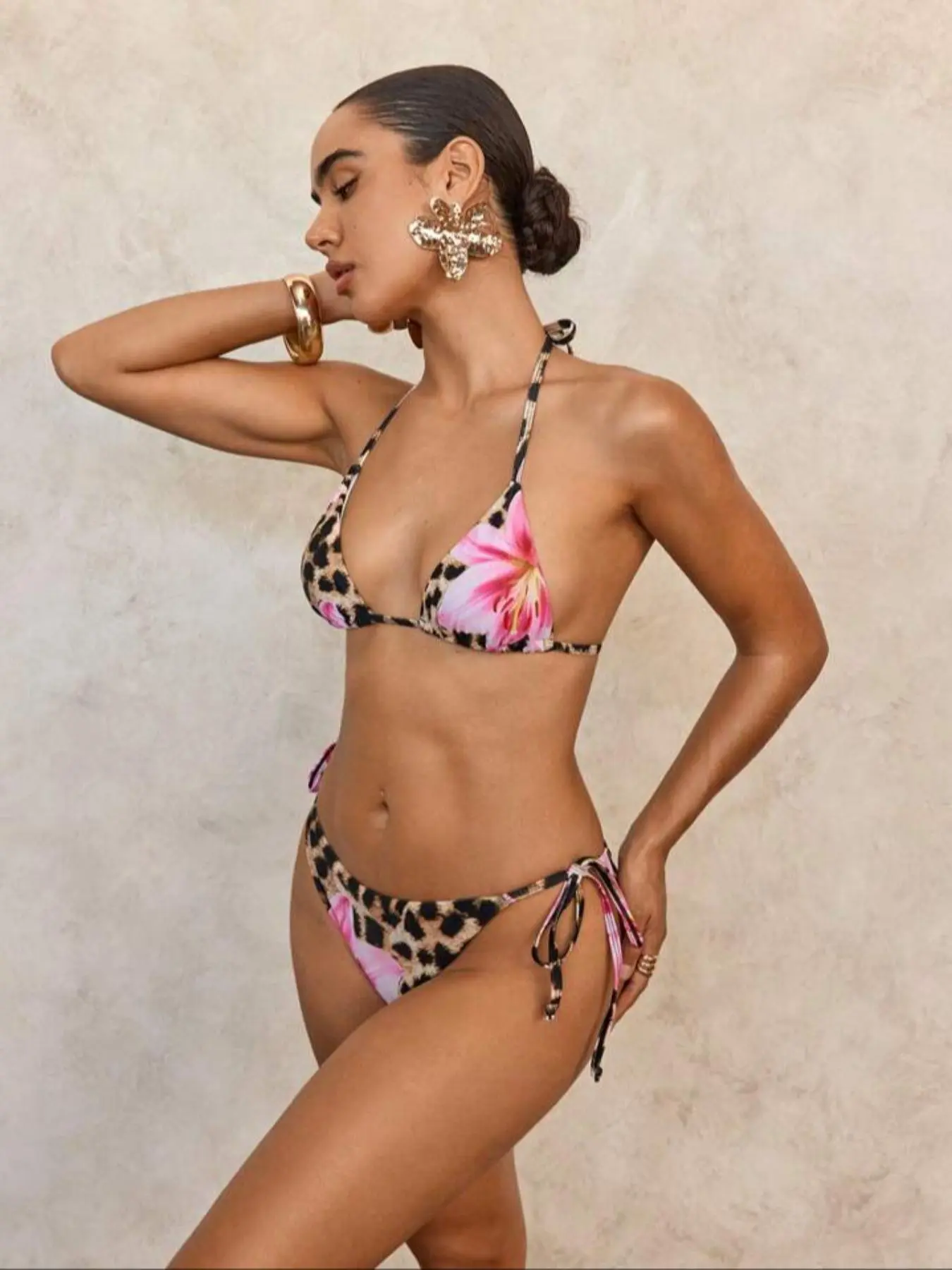 Women's Floral & Leopard Print Bikini Set, Sexy Swim Top & Swim Bottom, Ladies Swimsuit for Beach Holiday Vacation, Summer Beach Bikini, Tie Back Bikini
