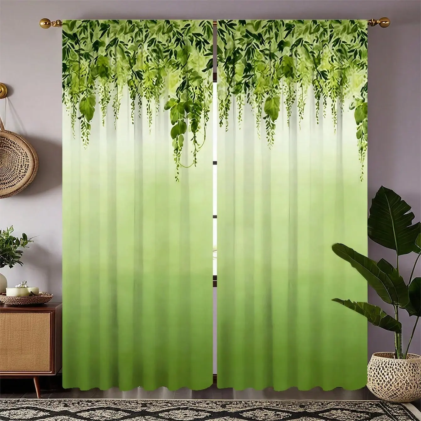 2-piece set. Fresh green plant gradient. Printed semi-transparent window drapes, hung by poles. Suitable for living room, bedroom and home decoration. 100% polyester material. Easy to clean. Home Decorative Curtain, Window Curtains