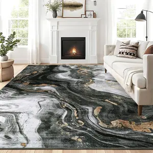 Garvee Modern Washable Rugs 6x9 Neutral Abstract Throw Rugs, Non-Slip Abstract Accent Carpet with Marble Swirl Pattern, Stain-Resistant Low Pile Indoor Carpet Rug for Living Room, Bedroom, Black