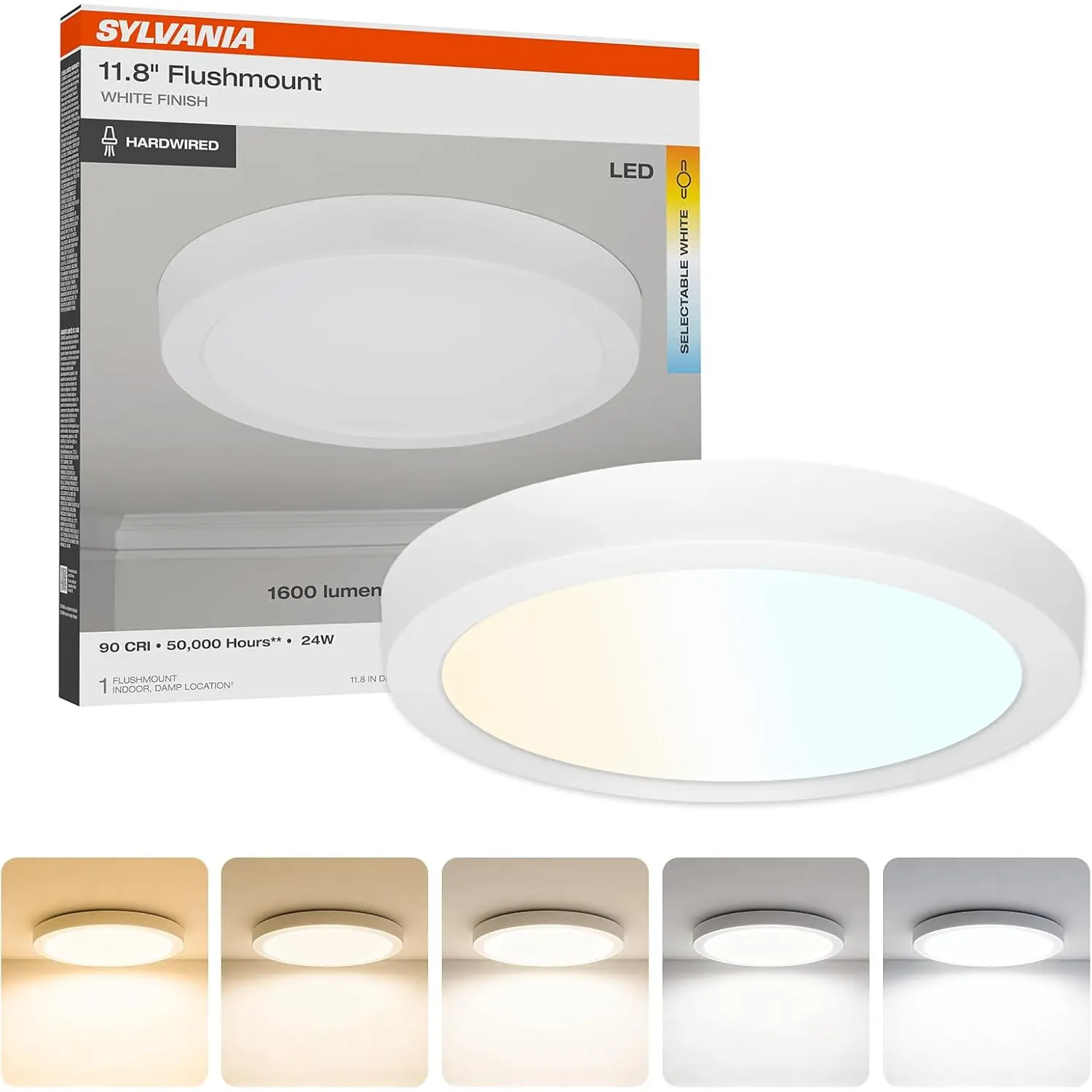 Sylvania 12" LED Flush Mount Ceiling Light Fixture, 24W, 5 Color Select (2700K - 5000K), 1600 LMS, Hardwired, White, LED Lights for Bedroom Kitchen H Porch - 1 Pack (66462)