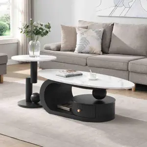 Bellemave 2-Piece Wooden Nesting Coffee Tables - Elegant, Functional, Oval & Round Shapes, Rattan-Wood & Steel Frame, Natural Finish, Quick Setup for Living Room