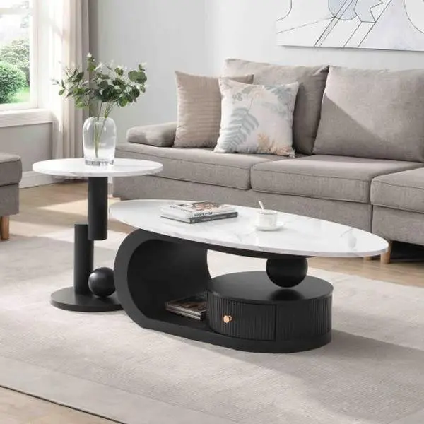 Bellemave 2-Piece Wooden Nesting Coffee Tables - Elegant, Functional, Oval & Round Shapes, Rattan-Wood & Steel Frame, Natural Finish, Quick Setup for Living Room