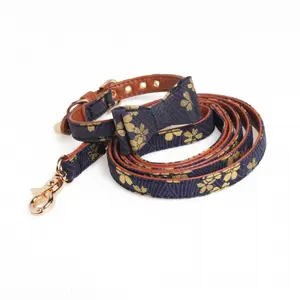 Japanese-style pet collar set with gold-stamped fabric pet bandana and matching dog leash