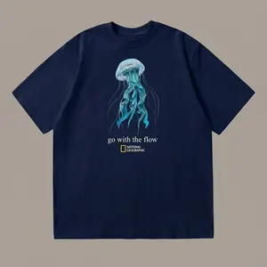 Go With The Flow Jellyfish Graphic T-Shirt 90s Vintage Retro Funny National Geographic Animal Lover Ocean Lover Aesthetic Gift Cute Deep Sea Tee Natural Inspired Y2K Streetwear