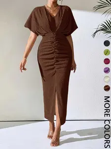 Women's Chocolate Ruched Midi Dress V-Neck Short Sleeve Twist Front High Split Bodycon Dress