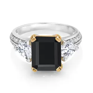 925 Sterling Silver and 10K Yellow Gold Black Onyx and White Moissanite 3 Stone Engagement Ring For Women (4.26 Cttw, Octagon Cut 10X8MM)
