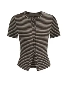 Striped Short Sleeve Knit Cardigan, Casual Round Neck Design, Perfect for Daily Wear & Stylish, Versatile Women's Top