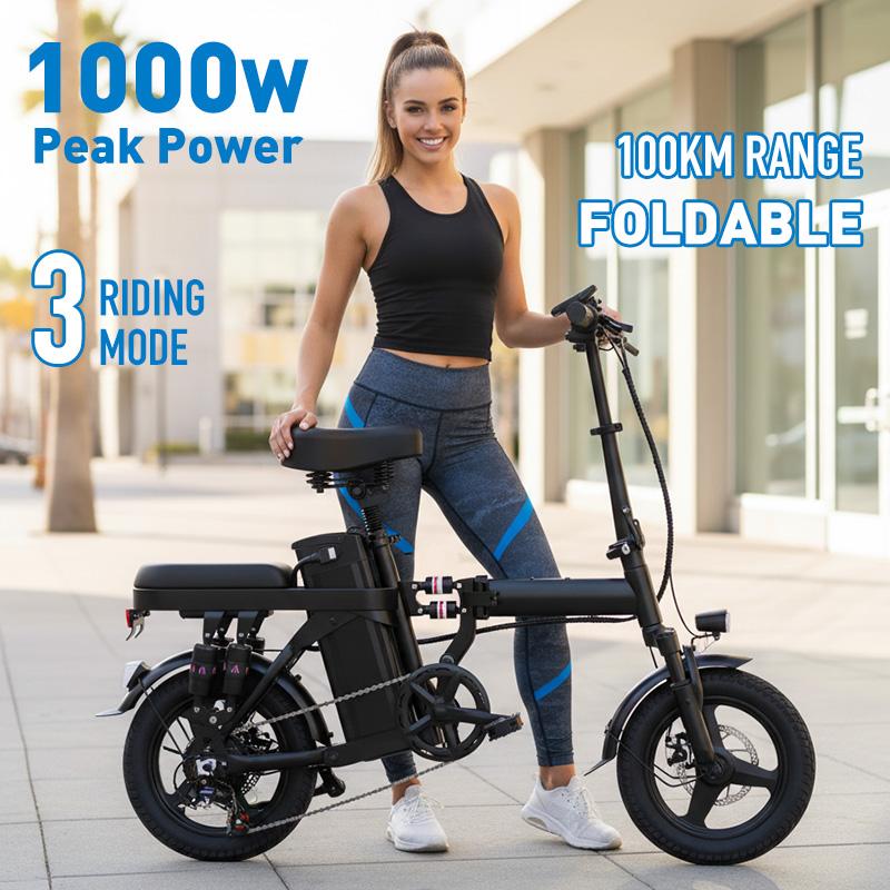 Adult electric folding bicycle with 500W motor, 16-level shock absorption system, 48V 15Ah battery, and a range of 100 kilometers. Wheel Pedals Ebike Charger