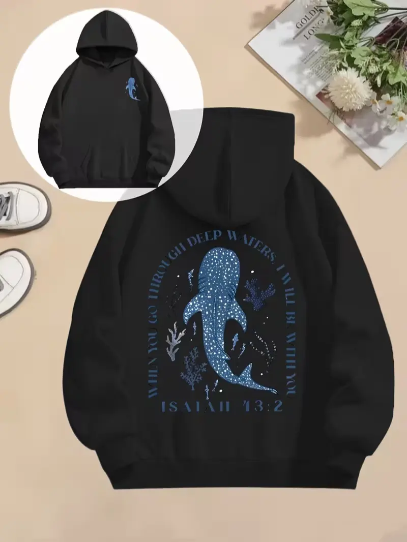 Whale Shark Isaiah 43:2 When You Go Through Deep Waters Front Back Print Hoodie, Christian Ocean Faith Casual Pullover Aesthetic Black