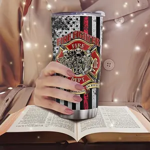 20oz Firefighter Tumbler Stainless Steel Insulated Coffee Cup, Fire Dept Thin Red Line American Flag Tumbler, Firefighter Appreciation Gift for Men