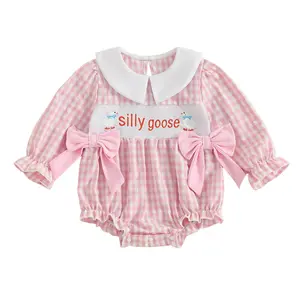 Infant Baby Girl Mallard Duck and Letters Embroidery Clothes Winter Long Sleeve Smocked Bubble Romper Newborn Girl Farm Outfit
