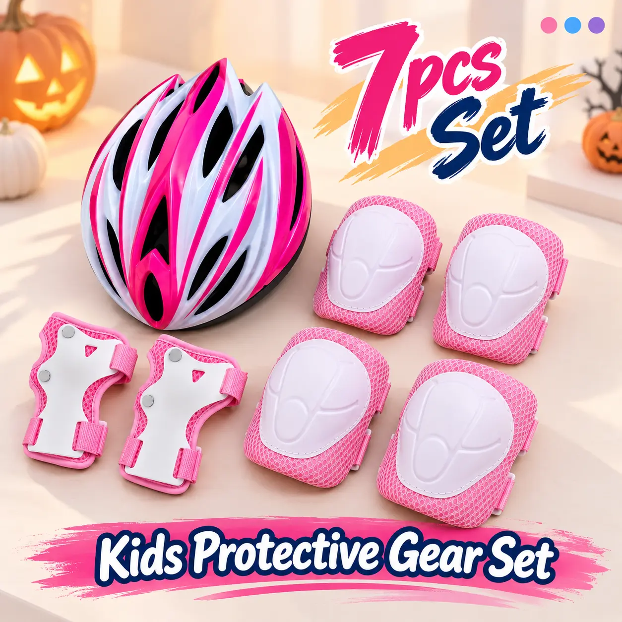 7PCS Kids Streamlined Protective Gear Set with Multi-Vent Helmet, Sculpted Knee Pads, Elbow Pads & Wrist Guards, Ages 5-10, 20.5-24.4 in