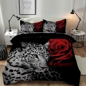 Leopard Print Rose Bedding Set, Soft Comfortable Sheets & Pillowcases, Valentine Gift, Fits King Queen Full Twin Size Beds