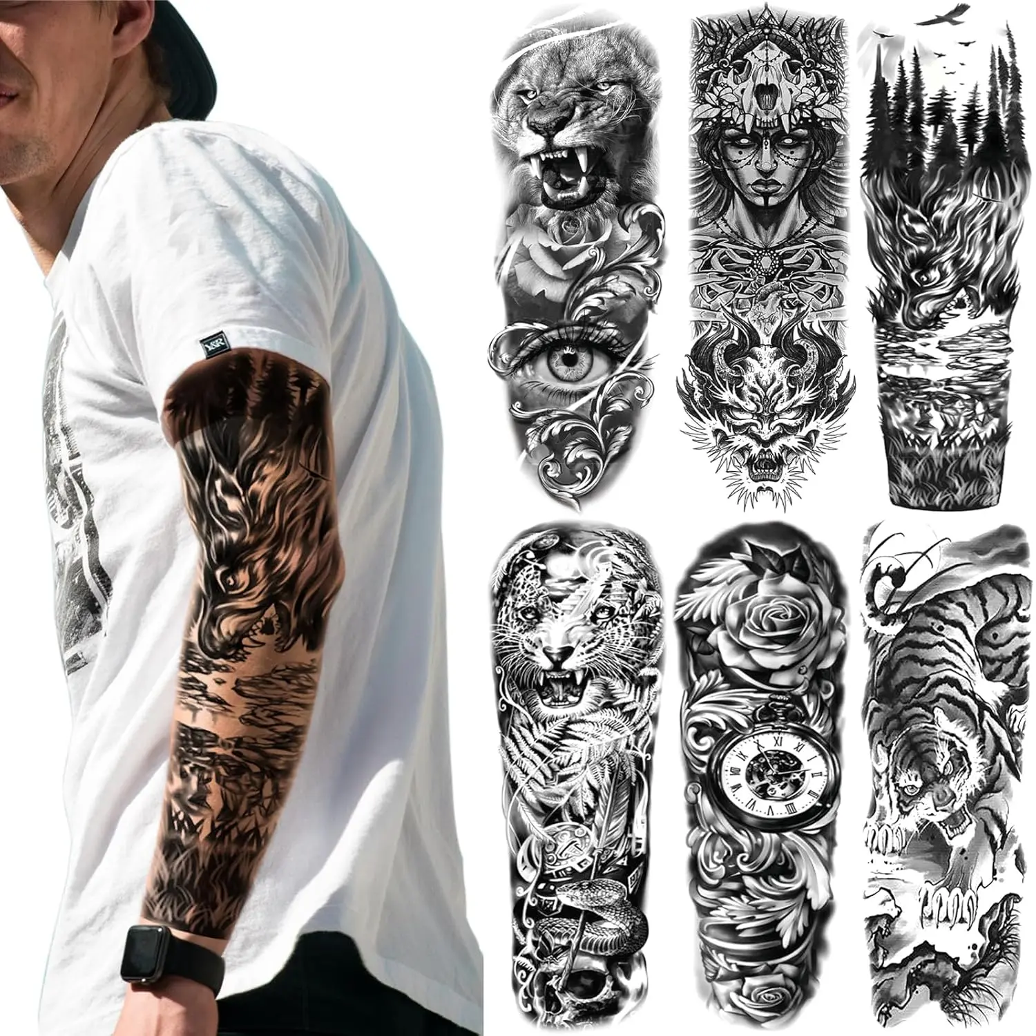 Forest Temporary Tattoo Sleeves, Full Arm Large Wolf Lion Animal Forest Tribal Fake Tattoos Sleeve For Men Women Adult, Black Leopard Tiger Temp Tatoo Sticker Leg Body Art Makeup, 6-Sheet
