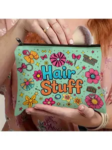 Vibrant "Hair Stuff" Makeup Bag - Colorful Hair Styling Tools & Accessories Organizer Pouch with Playful Graphics, Durable Fabric Travel Cosmetic Case for Women, Perfect Gift for Birthdays, Travel & Outdoor Use, Hair Stylist Gifts, Fun Graphic Design,
