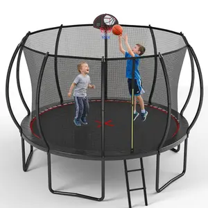 SKYBOUND 12/14/16FT BLACK PLAYGROUND REGULAR TRAMPOLINE WITH LADDER&BASKETBALL HOOP, Heavy Duty Trampoline, Outdoor Trampoline, Reinforced Thickened Trampoline ASTM APPROVAL
