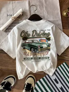 Men's Vintage Car Print Round Neck Tee, Loose Casual Short Sleeve T-shirt for Daily Wear, Men's Top for All Seasons, Tropical