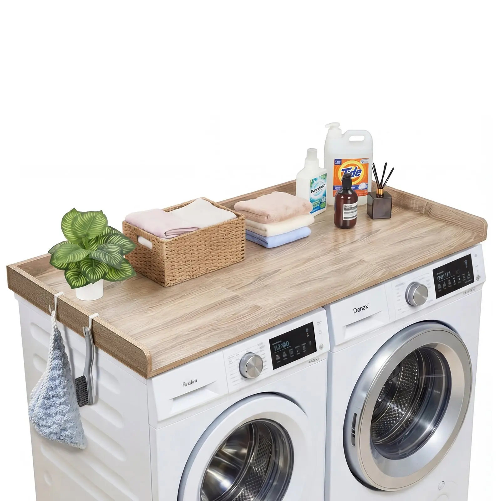 Washer and Dryer Countertop, 54 x 27.5 In Wooden Washer and Dryer Topper with Edge and 2 Hooks, Water-Resistant Laundry Machine Topper for Laundry Closet Pantry Counter Organization and Storage, Oak