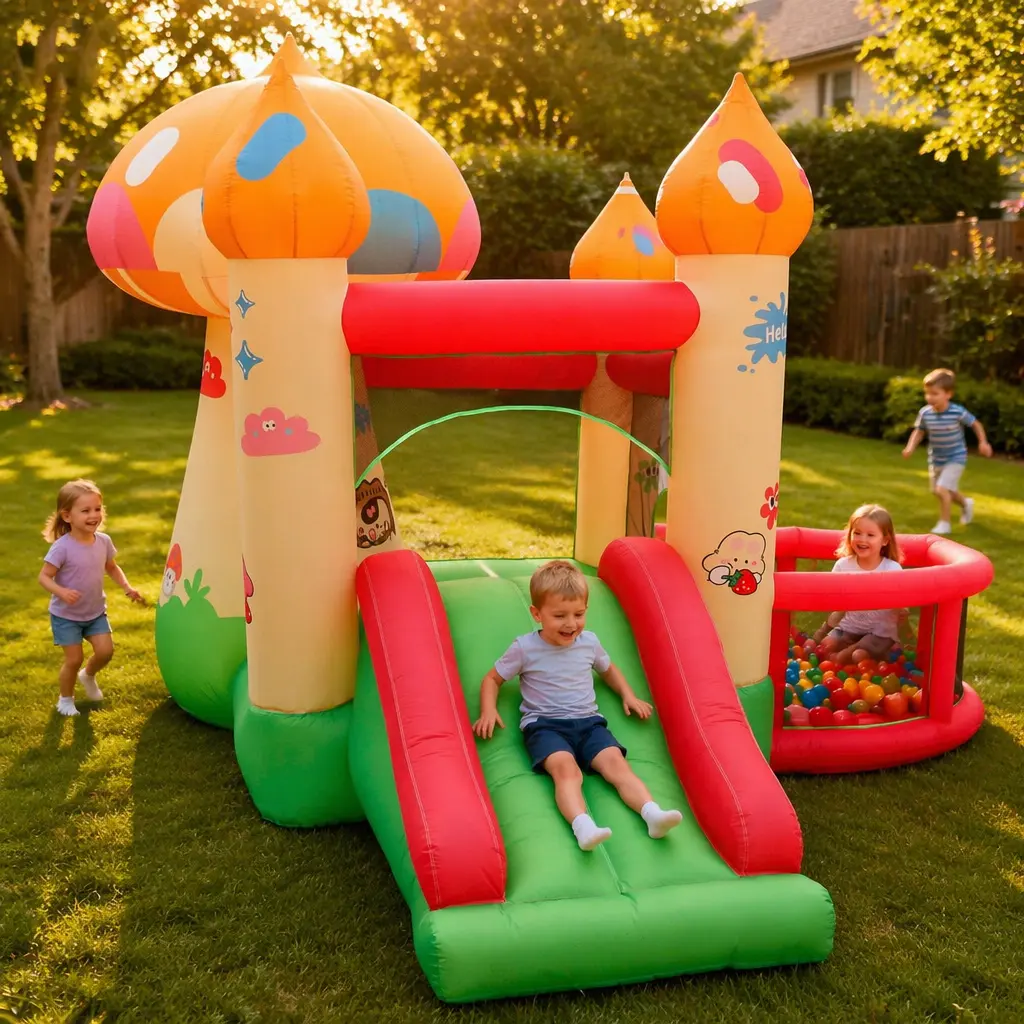 Mushroom Themed Inflatable Bounce Castle for Toddlers, Outdoor Backyard Playhouse with Slide & Ball Pit, Full Accessories Kit Including Air Blower, Ground Stakes & Storage Bag, Ideal Kids Birthday Party Jumping House for Indoor & Garden Use