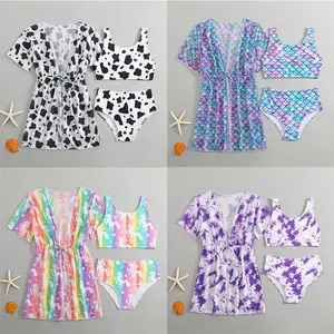2026 New Arrival Girls Swimwear 3pcs Summer Bikinis Set Mesh Print Girl Swimsuit Split Swimwear for Kids 6-12Y