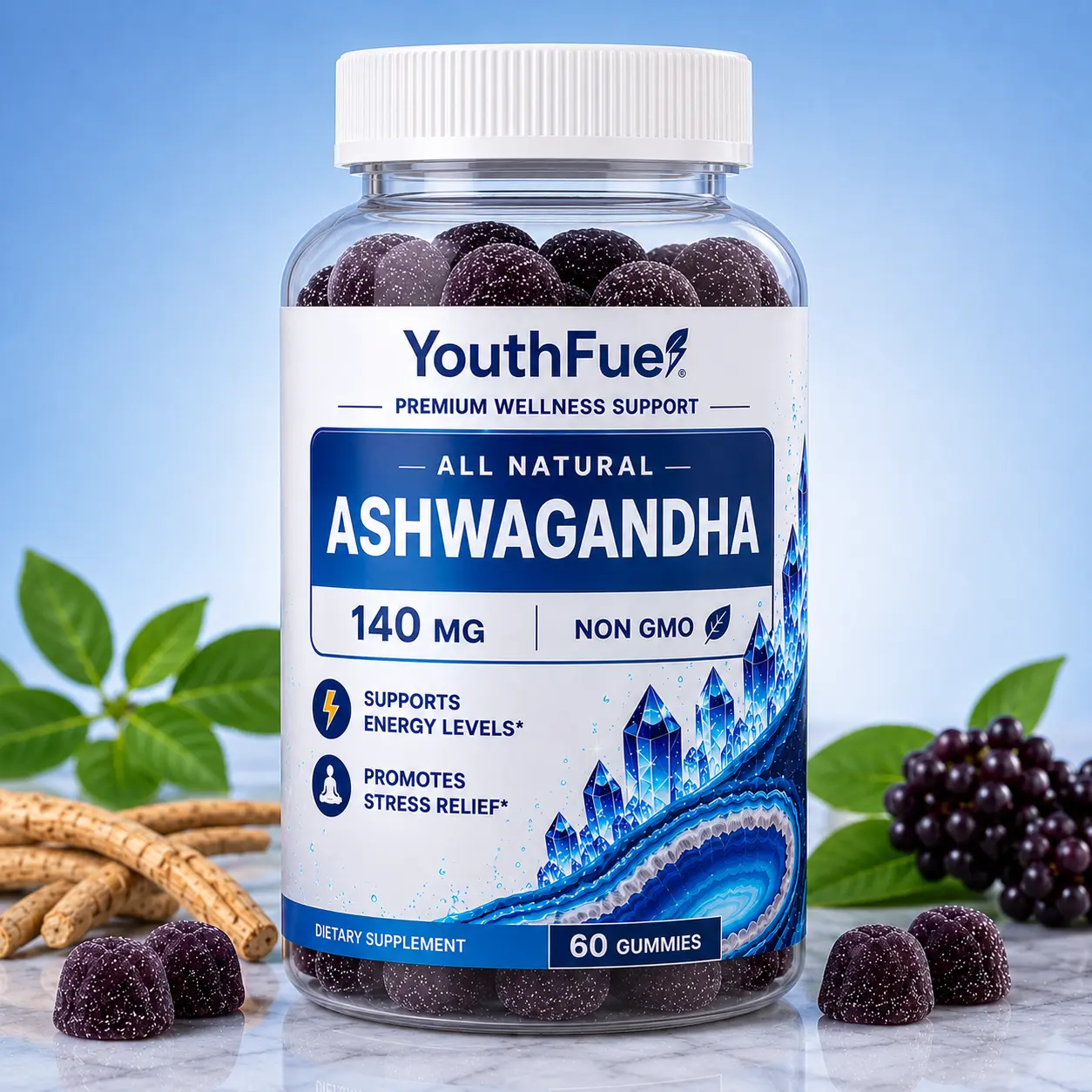 YouthFuel Ashwagandha Gummies 140mg | Non-GMO Stress Support Supplement | Supports Energy Levels Relaxation & Nervous System Health | 60 Gummies Healthcare