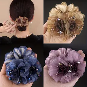 1pc Vintage Beads Flower Decorative Hair Loop Elegant Elastic Hair Rope For Women And Daily Use Wear