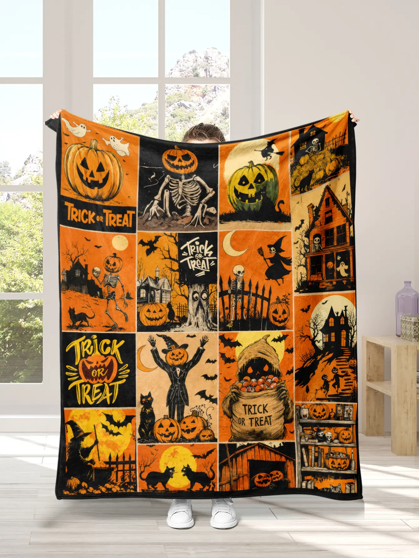 Vintage Spooky Season Flannel Halloween Throw Blanket - Anti-Pilling, Easy Care, Multi-Size, Home & Outdoors Use, Jack-o'-Lantern Decor, Movie Watching Accent, Wall Tapestry Alternative