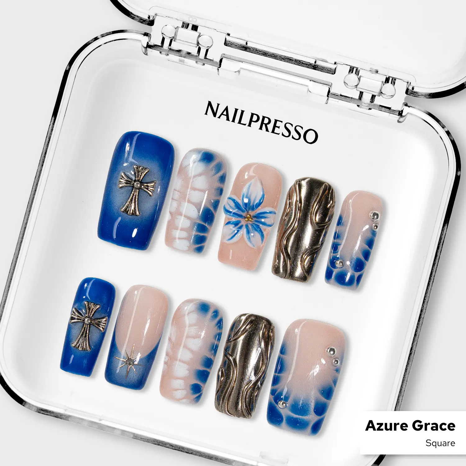 Nailpresso | Azure Grace Square 100% Handmade 3D Press-On Nails | Reusable Long-Lasting Salon-Quality | Blue and Gold Design